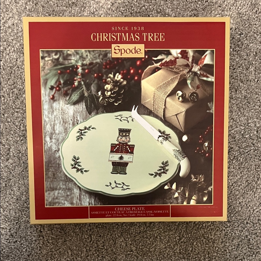 Spode Christmas Tree Cheese Plate and Knife with Nutcracker Design NWT